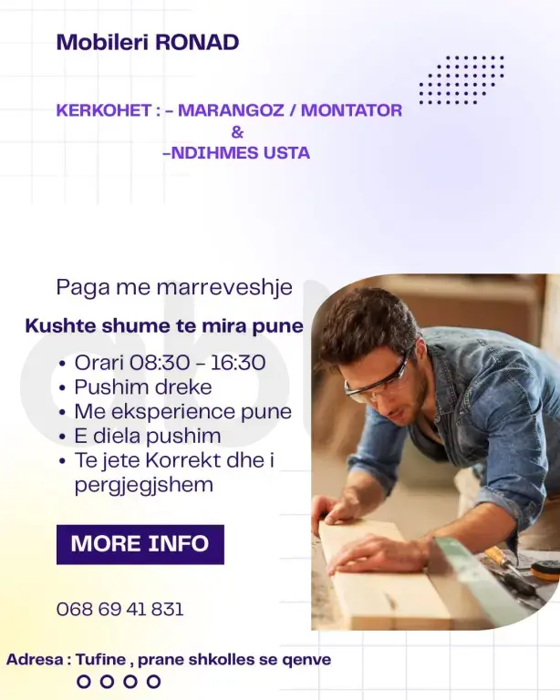 Kerkohet : Marangoz dhe Ndihmes Usta