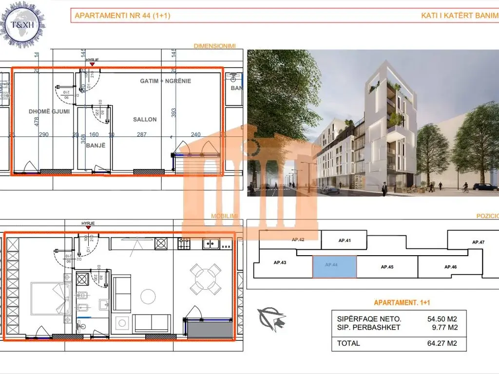Apartament 1+1 dhoma 55 m² 4 kati