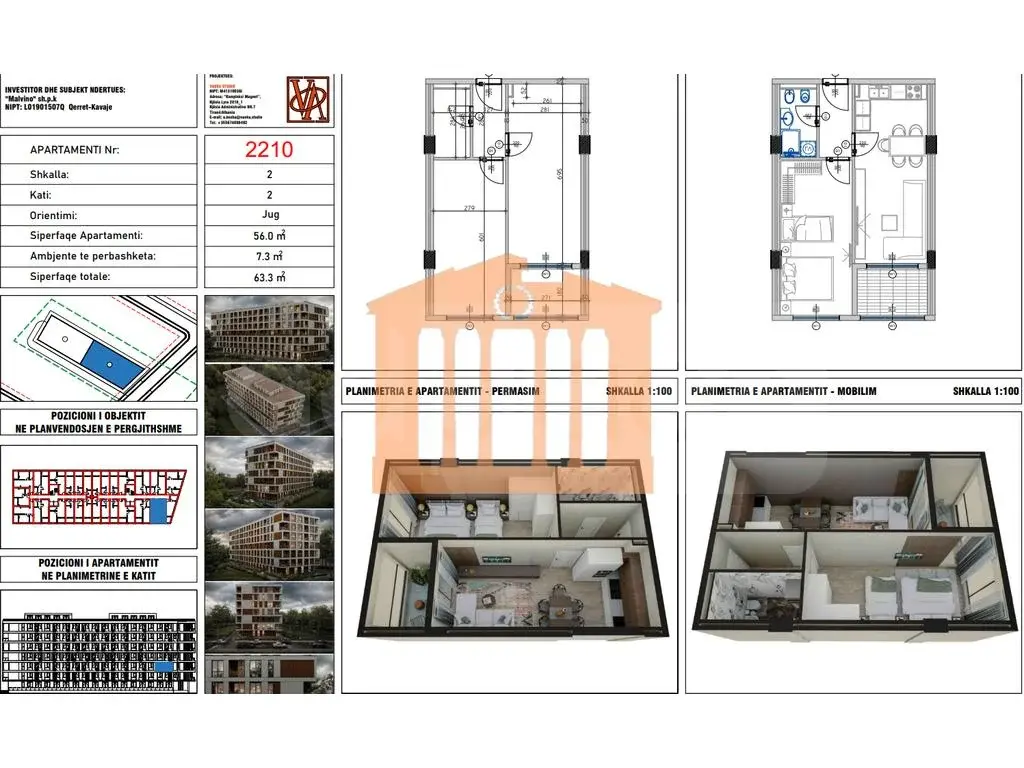 Apartament 1+1 dhoma 56 m² 2 kati