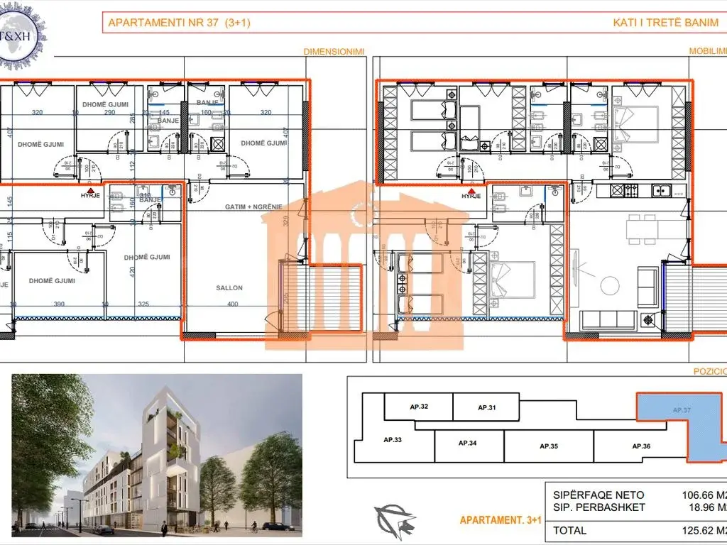 Apartament 1+3 dhoma 107 m² 3 kati