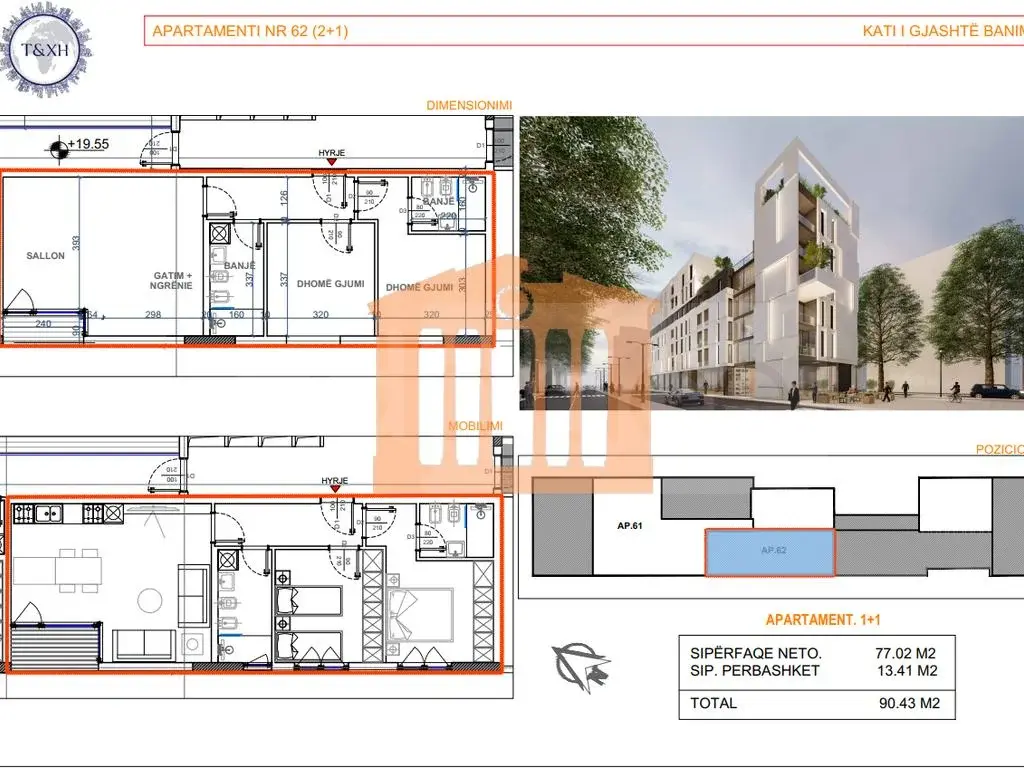 Apartament 1+2 dhoma 77 m² 6 kati