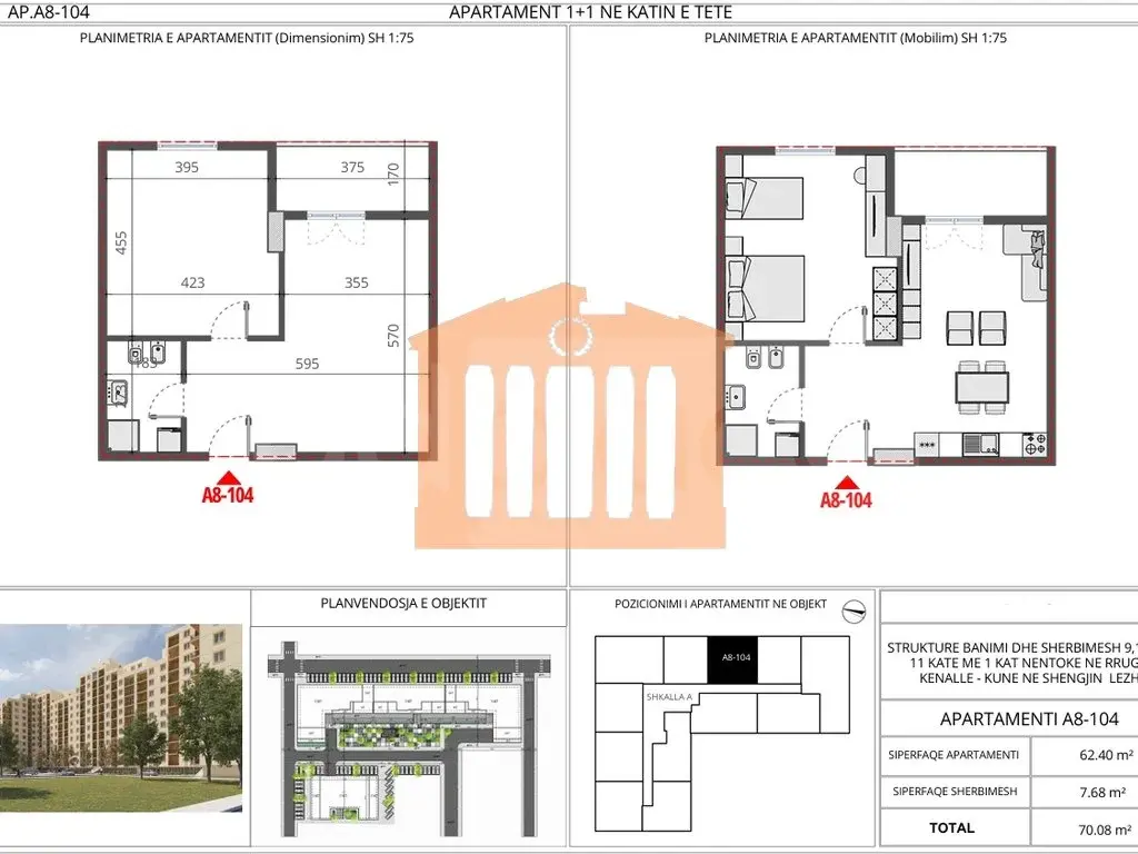 Apartament 1+1 dhoma 62 m² 8 kati