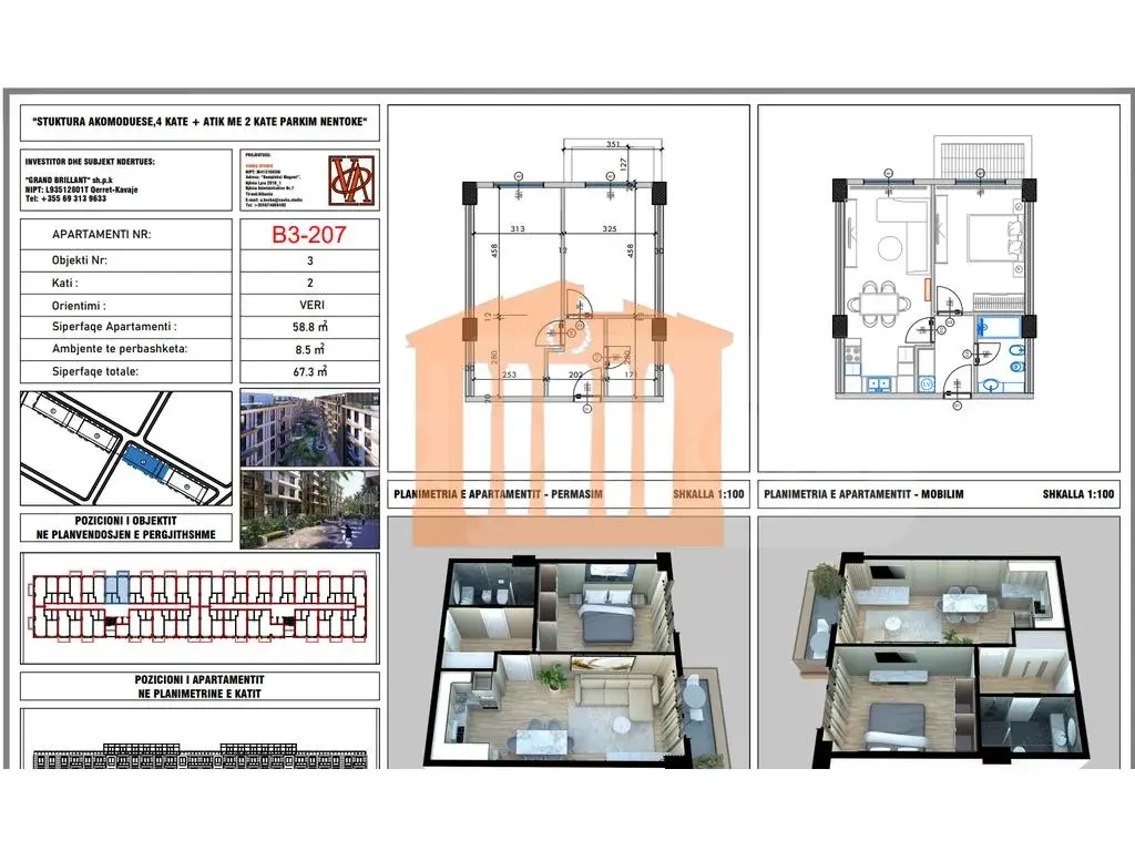 Apartament 1+1 dhoma 59 m² 2 kati