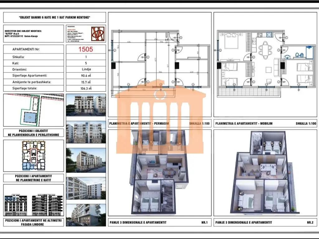 Apartament 1+3 dhoma 106 m² 5 kati