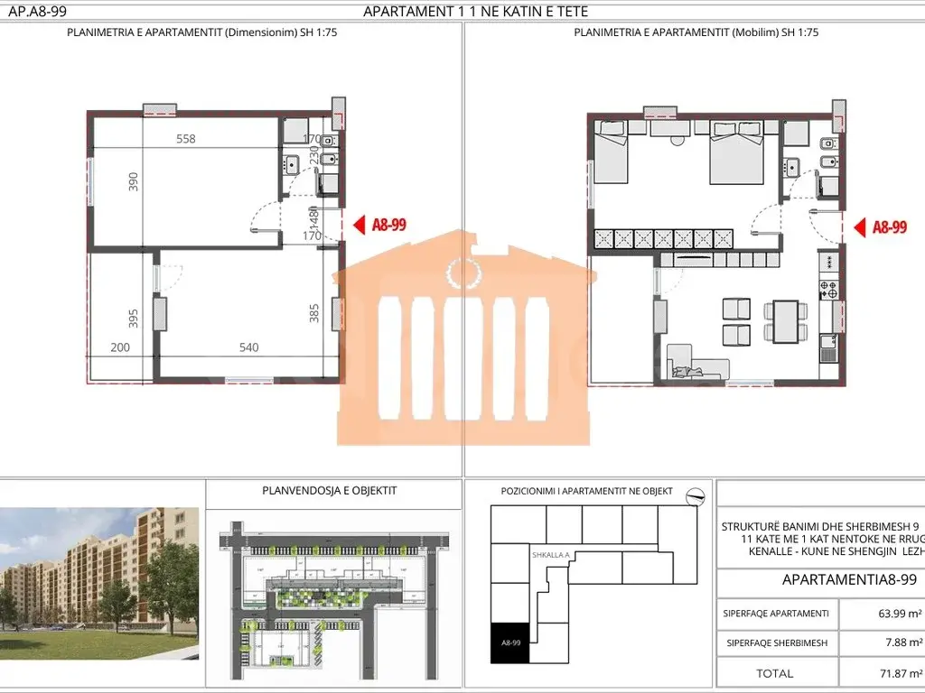 Apartament 1+1 dhoma 64 m² 8 kati
