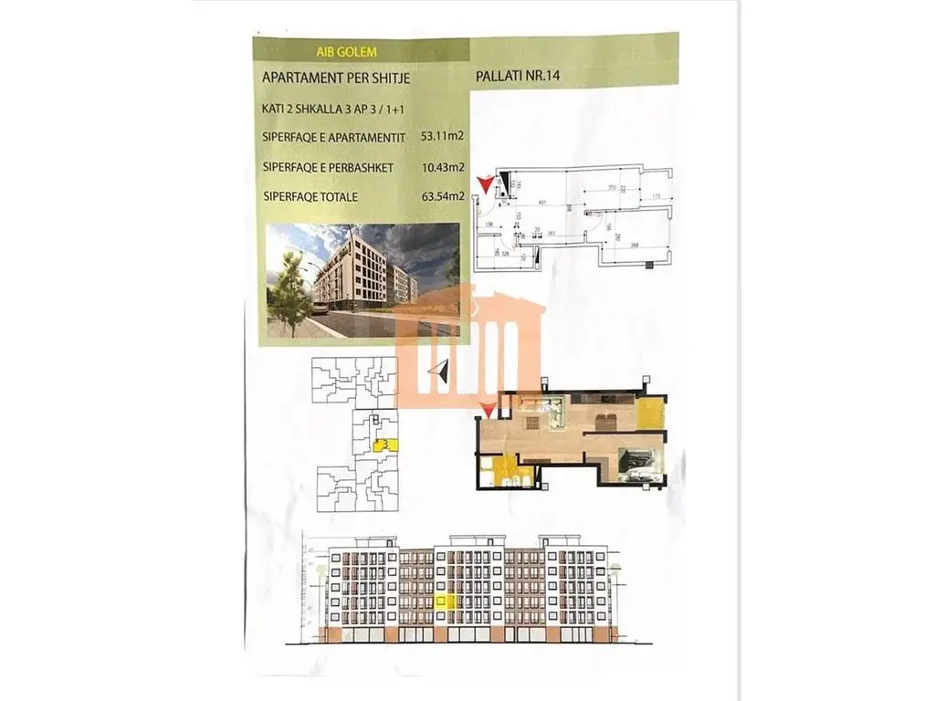 Apartament 1+1 dhoma 53 m² 3 kati