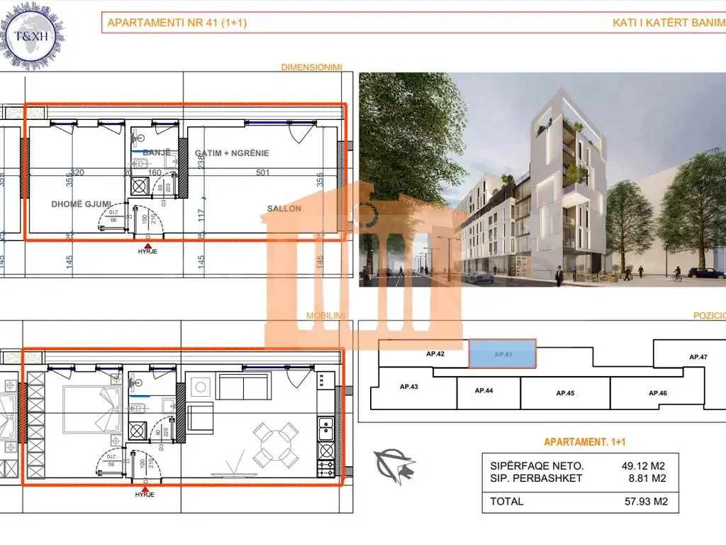 Apartament 1+1 dhoma 49 m² 4 kati