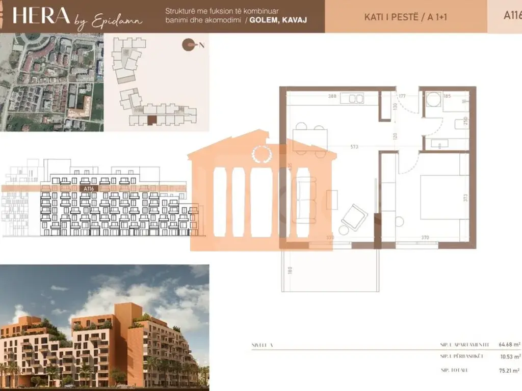 Apartament 1+1 dhoma 65 m² 5 kati