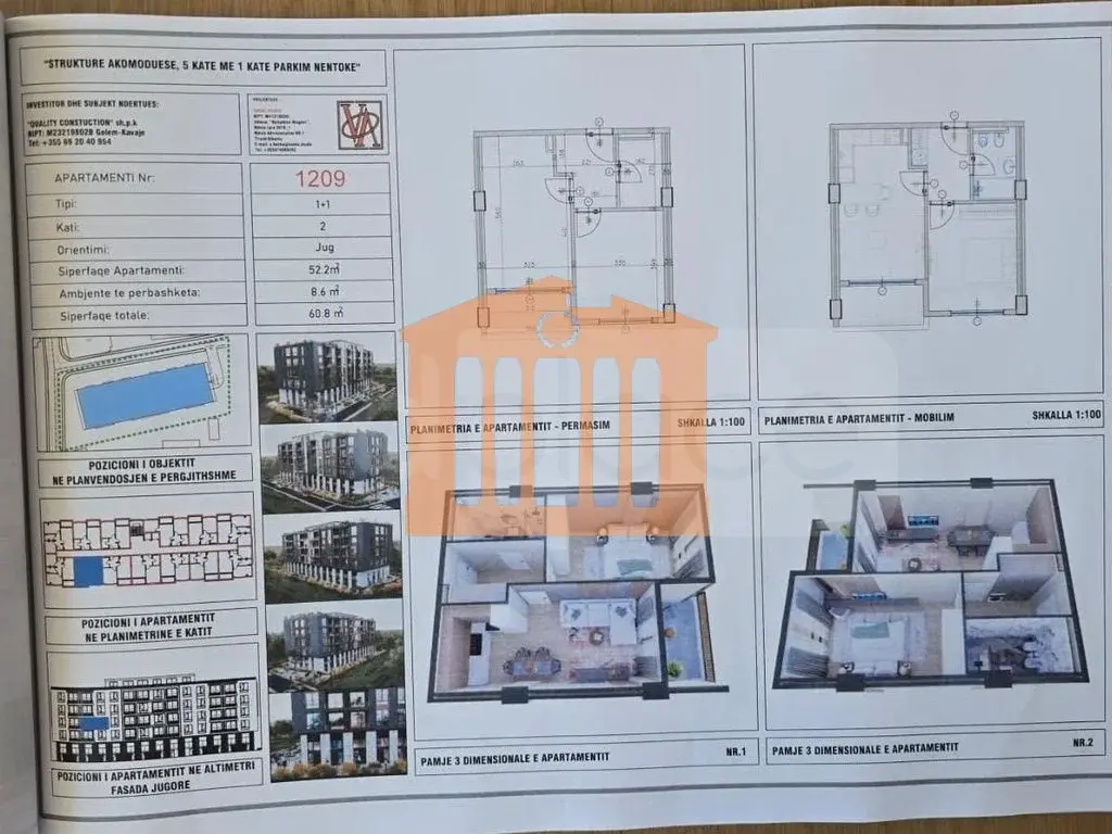 Apartament 1+1 dhoma 52 m² 3 kati