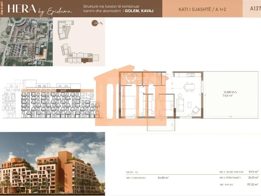 Apartament 1+2 dhoma 93 m² 6 kati