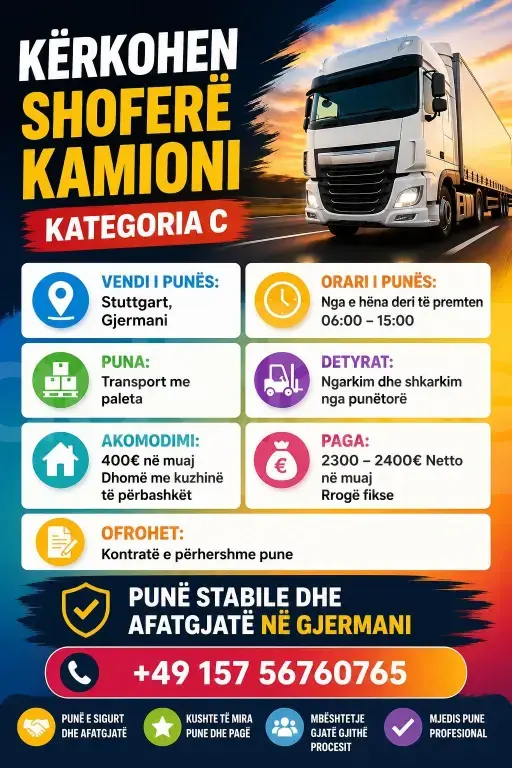 🚛 KËRKOHEN SHOFERË KAMIONI – KATEGORIA C 🇩🇪