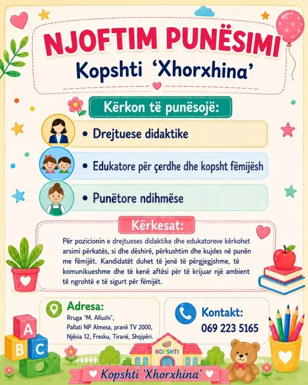 Kopshti “Xhorxhina” kërkon Drejtuese Didaktike, Edukatore dh