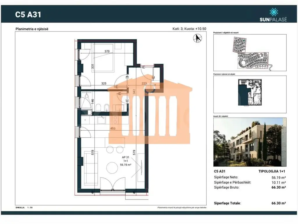 Apartament 1+1 dhoma 56 m² 3 kati
