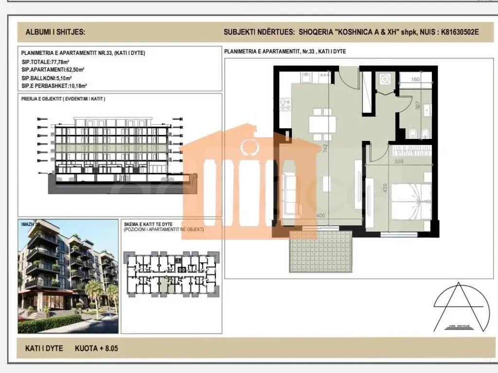 Apartament 1+1 dhoma 63 m² 2 kati