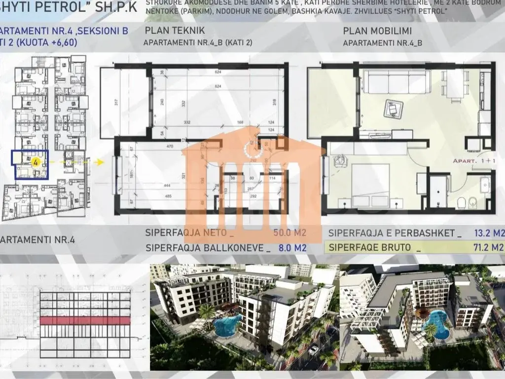 Apartament 1+1 dhoma 50 m² 2 kati