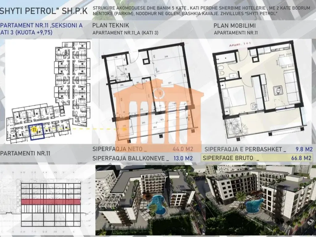 Apartament 1+1 dhoma 44 m² 2 kati