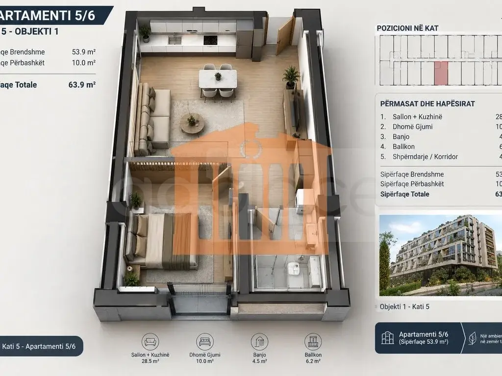 Apartament 1+1 dhoma 64 m² 5 kati