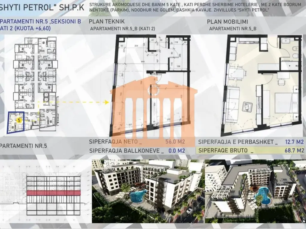 Apartament 1+1 dhoma 56 m² 2 kati
