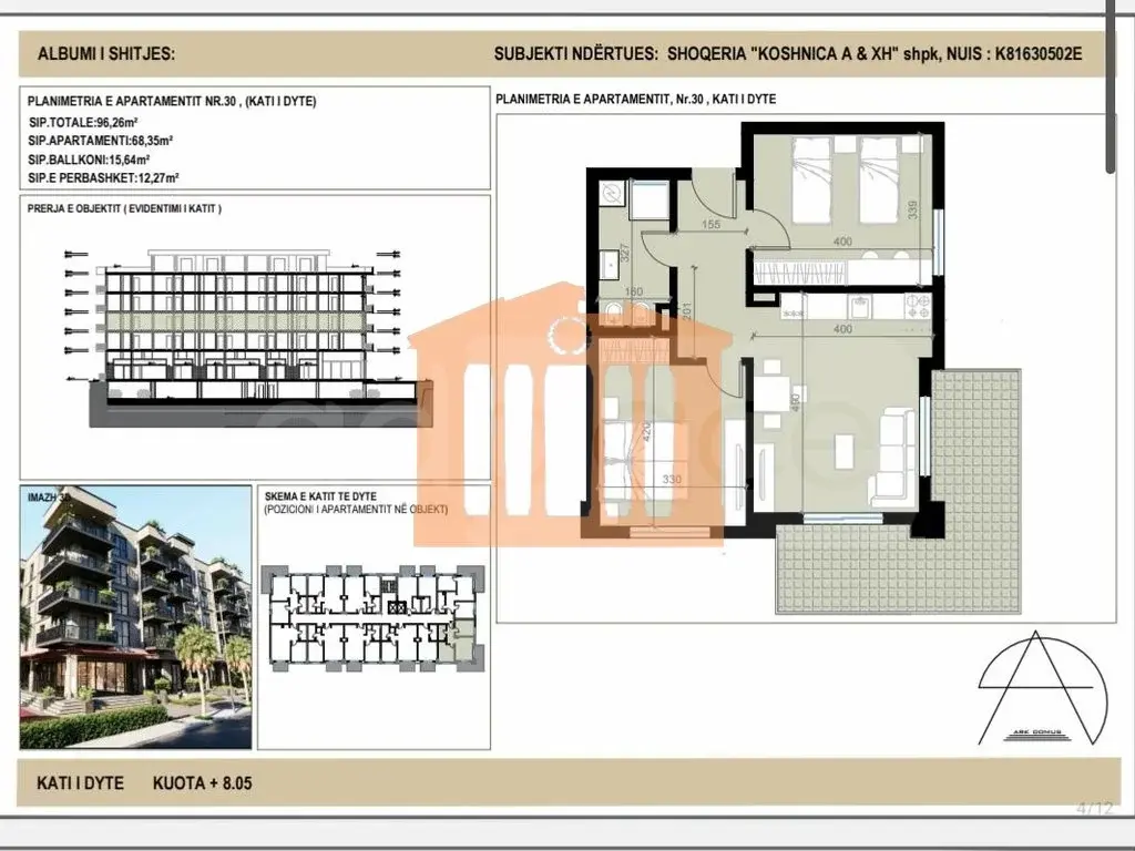 Apartament 1+2 dhoma 68 m² 2 kati