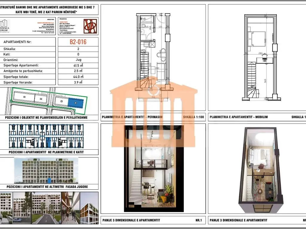 Apartament 1+1 dhoma 45 m² 2 kati