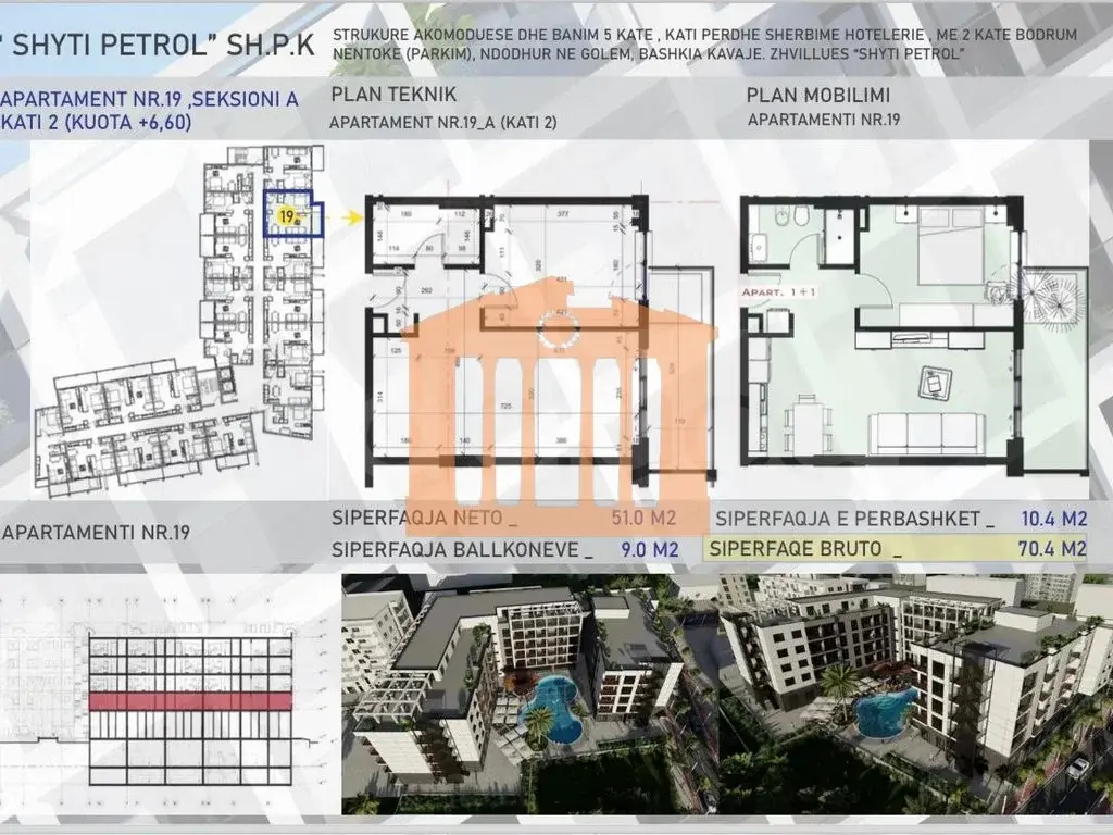 Apartament 1+1 dhoma 51 m² 2 kati