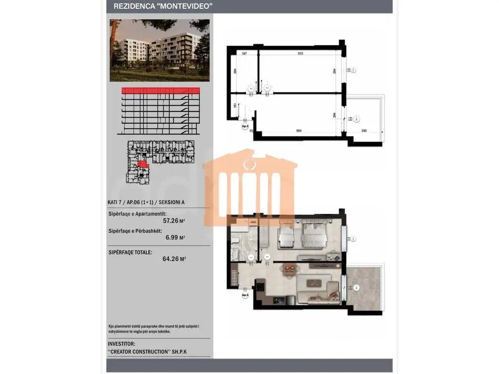 Apartament 1+1 dhoma 57 m² 7 kati