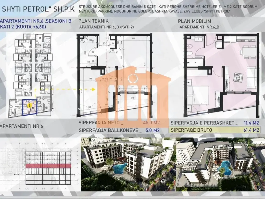 Apartament 1+1 dhoma 45 m² 2 kati