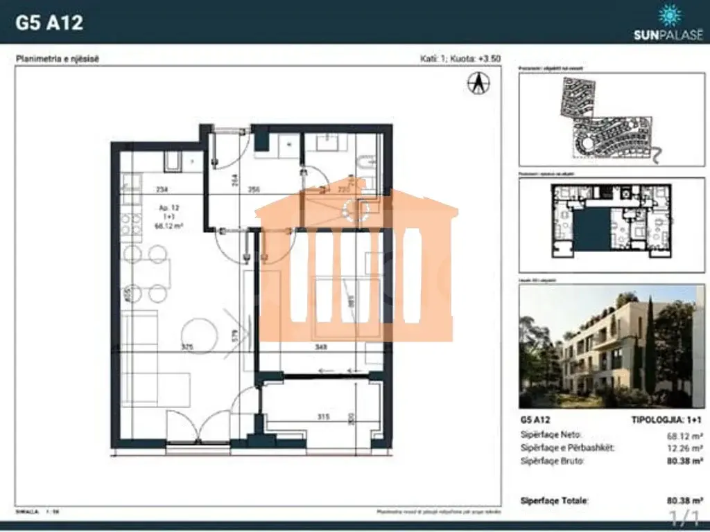 Apartament 1+1 dhoma 68 m² 1 kati
