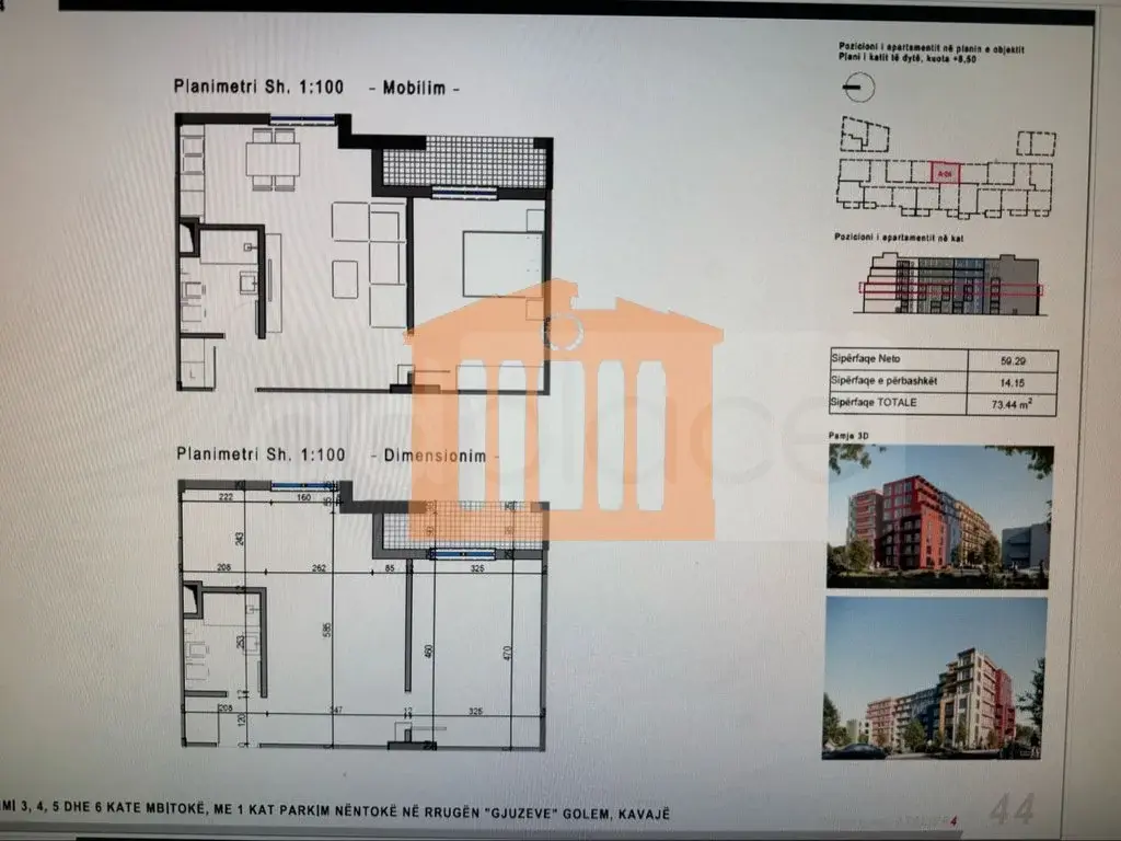 Apartament 1+1 dhoma 73 m² 3 kati