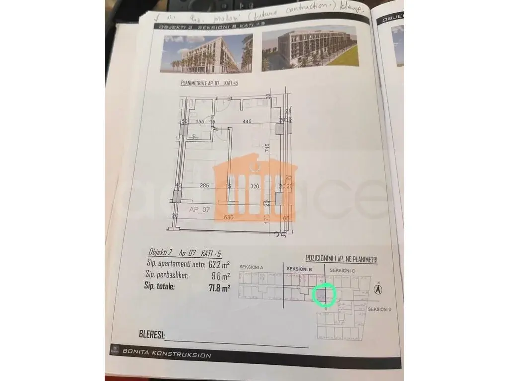 Apartament 1+1 dhoma 62 m² 5 kati