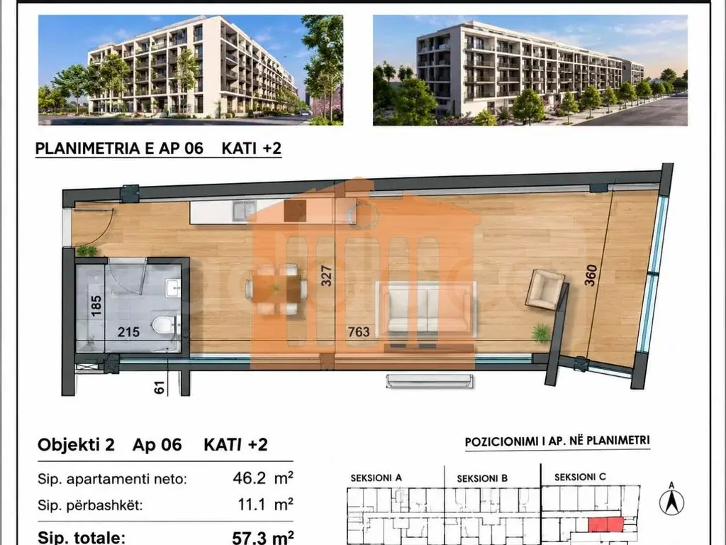 Apartament 1+1 dhoma 46 m² 2 kati