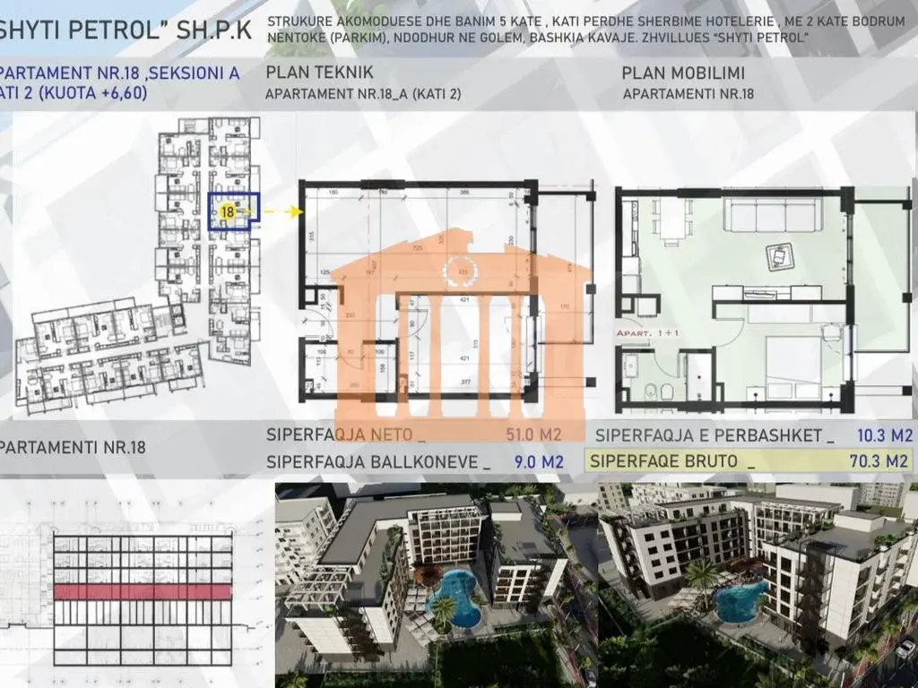 Apartament 1+1 dhoma 51 m² 2 kati