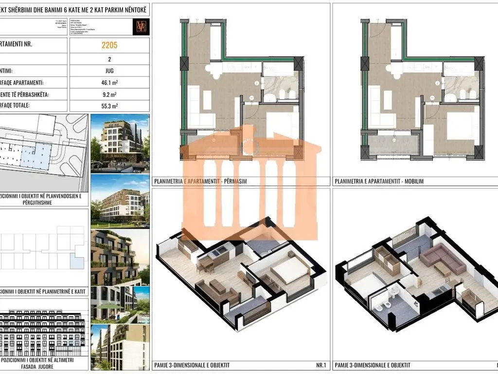 Apartament 1+1 dhoma 46 m² 2 kati