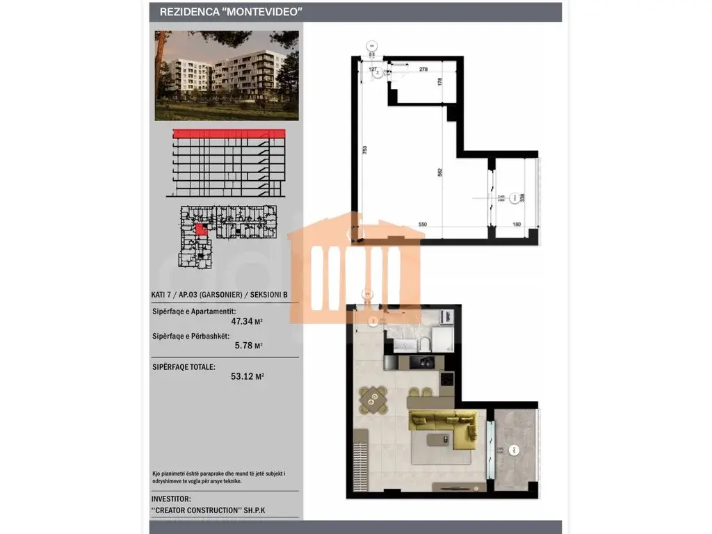 Apartament 1+1 dhoma 47 m² 7 kati