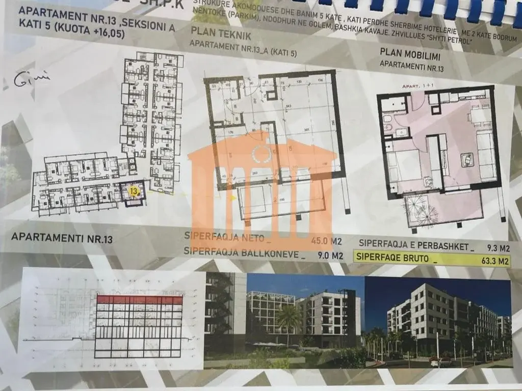 Apartament 1+1 dhoma 45 m² 5 kati