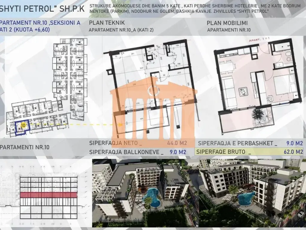 Apartament 1+1 dhoma 44 m² 2 kati