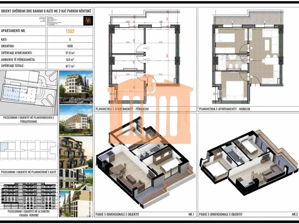 Apartament 1+2 dhoma 58 m² 5 kati